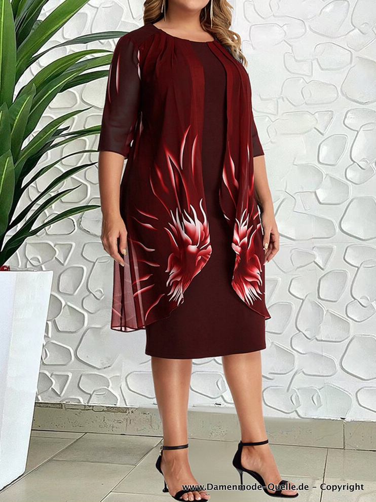 Plus Size Kleid Elegant in Weinrot mit Blumenmuster