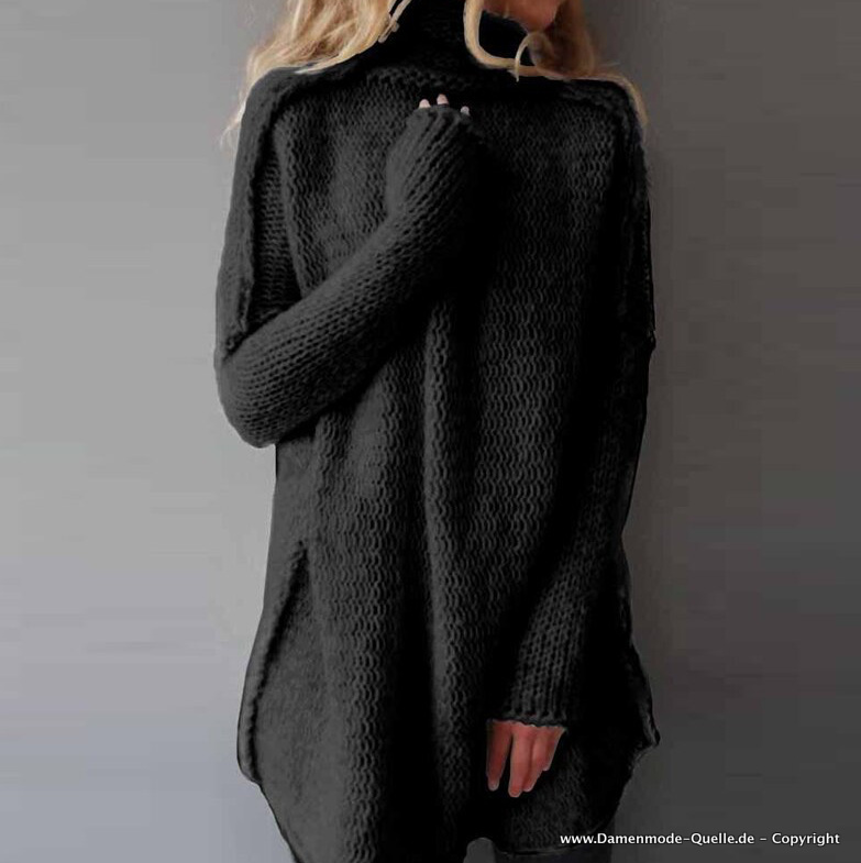 Damen Grobstrick Rollkragen Pullover in Schwarz