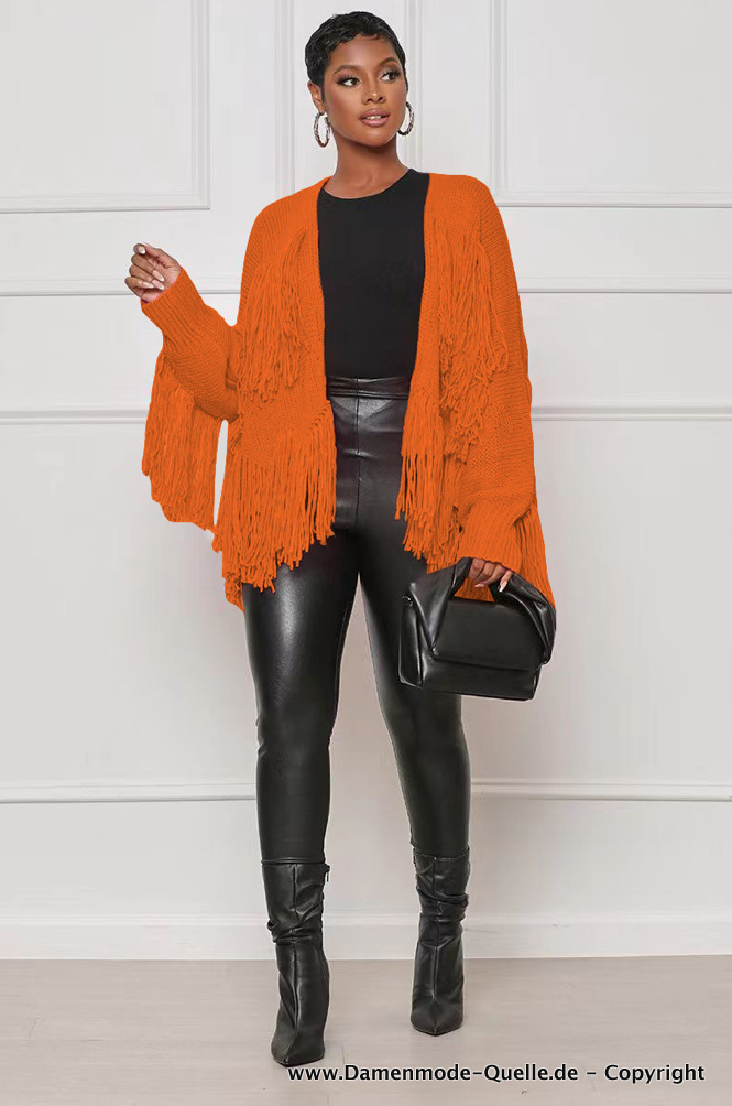Streetwear Damen Cardigan mit Fransen Modern in Orange