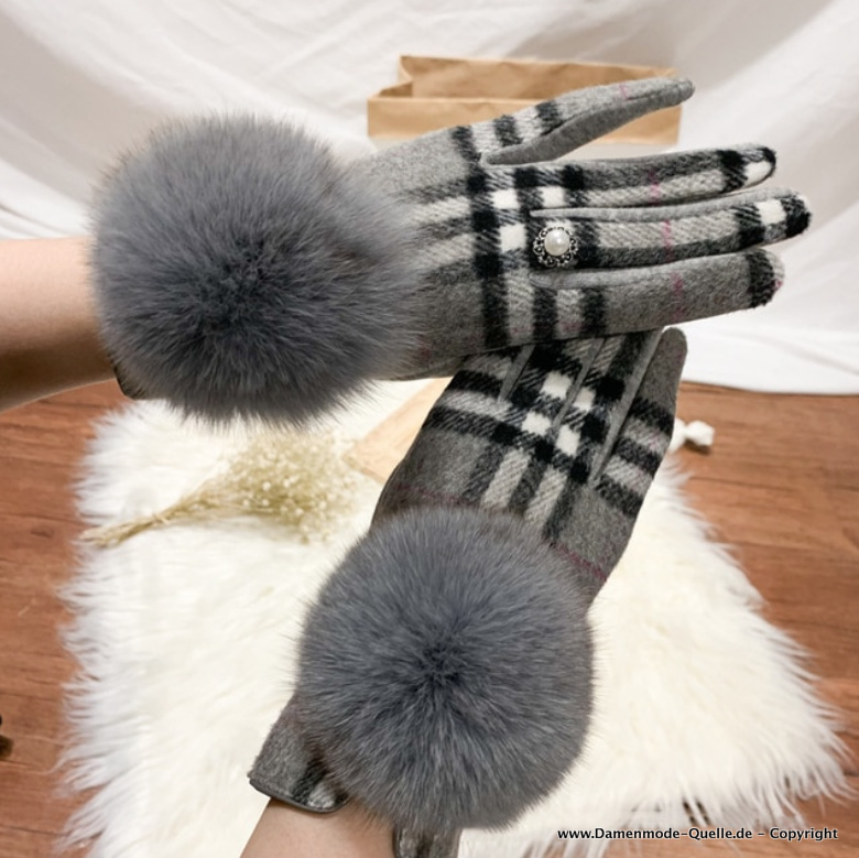 Damen Touchscreen Winter Kaschmir Handschuhe mit Perle und Pom Pom Grau 