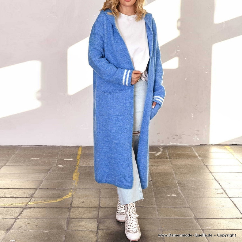 Long Pullover Cardigan Strickjacke mit Kapuze in Hellblau