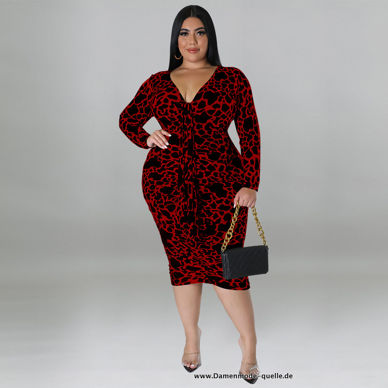 Leopard Damen Bodycon Kleid mit V Ausschnitt in Rot