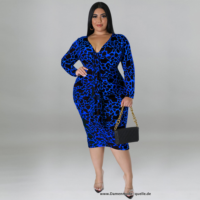 Leopard Damen Bodycon Kleid mit V Ausschnitt in Blau