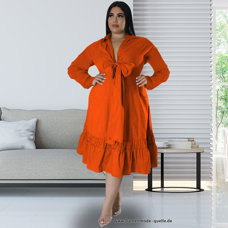 Kragen Langarm Rüschen Saum Vintage A-linie Kleid in Orange