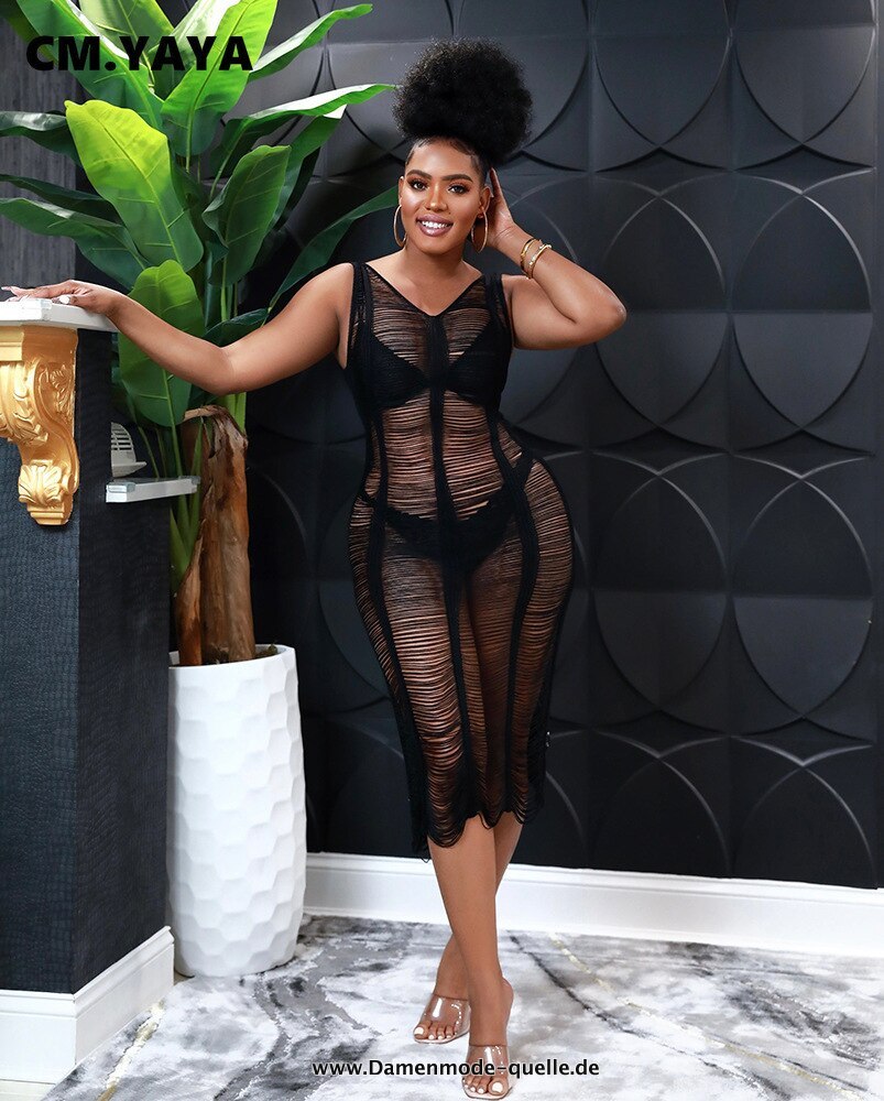 Gehäkeltes Bodycon Midi V-Ausschnitt Ärmelloses Kleid in Schwarz