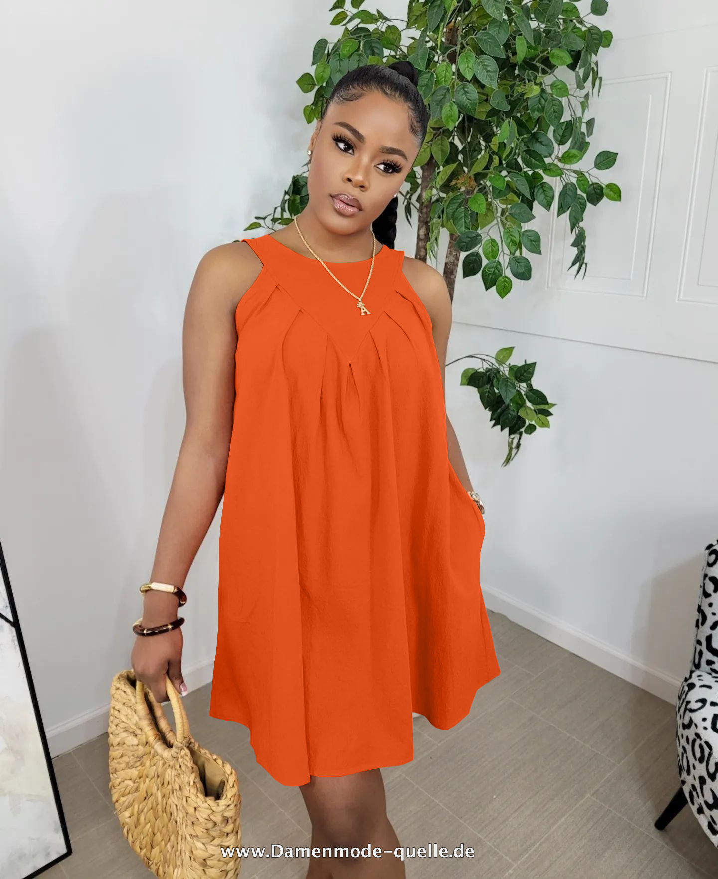 Elegantes Damen A-Linie Sommerkleid Drapiert mit Seitentaschenin in Orange