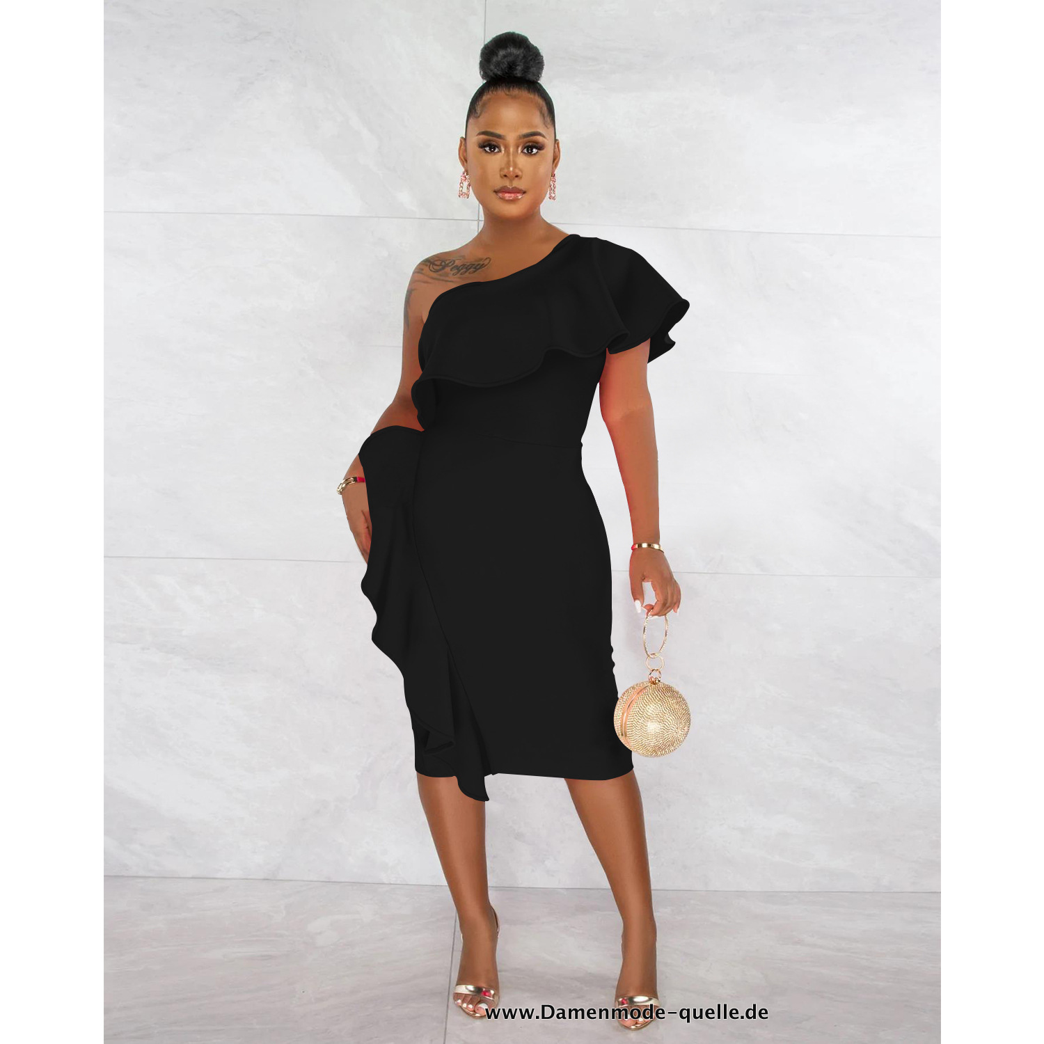 Elegantes Damen Rüschen One Shoulder Knielanges Kleid Schwarz
