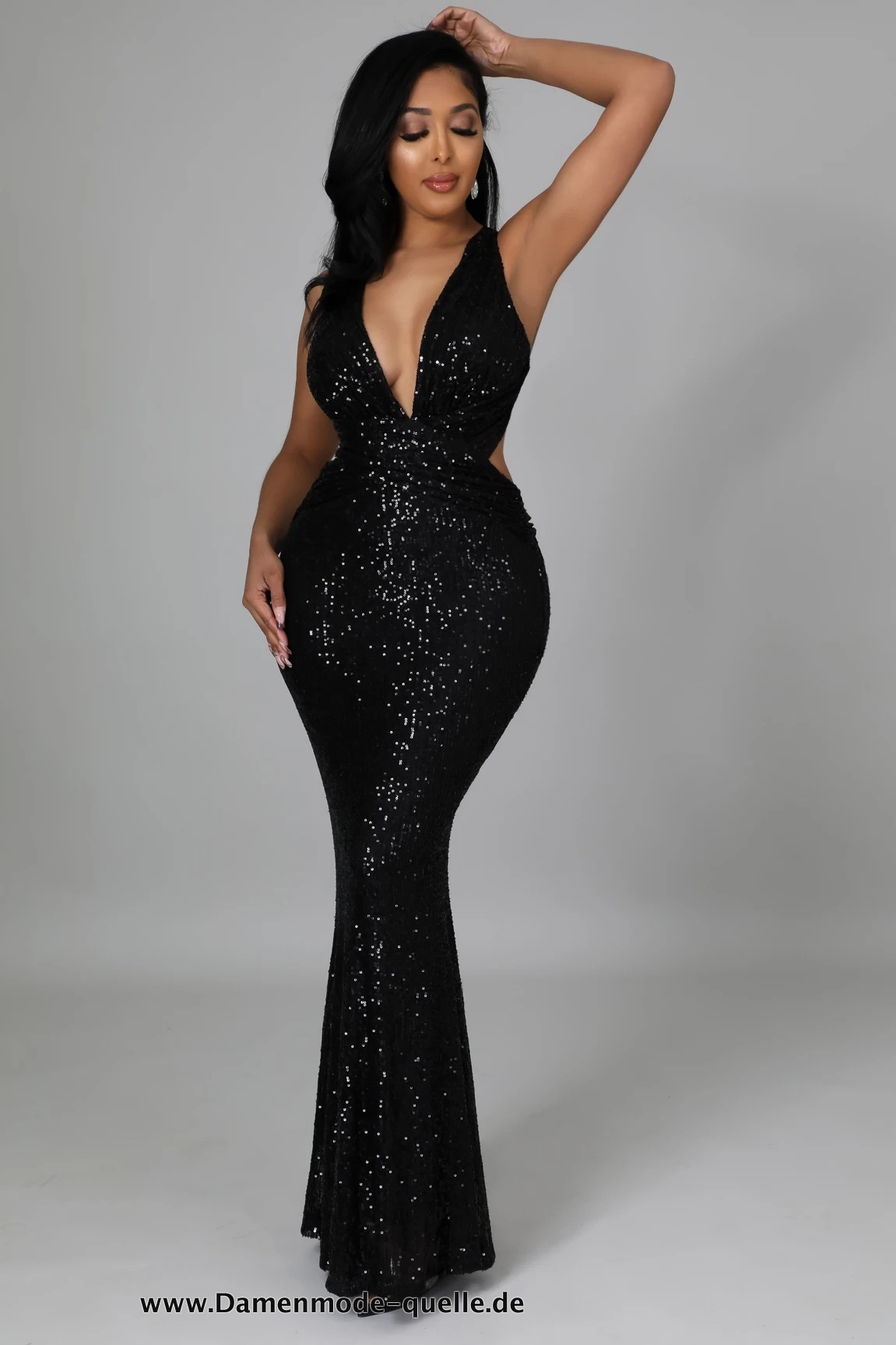 Schwarzes Abendkleid mit V-Ausschnitt und Pailletten