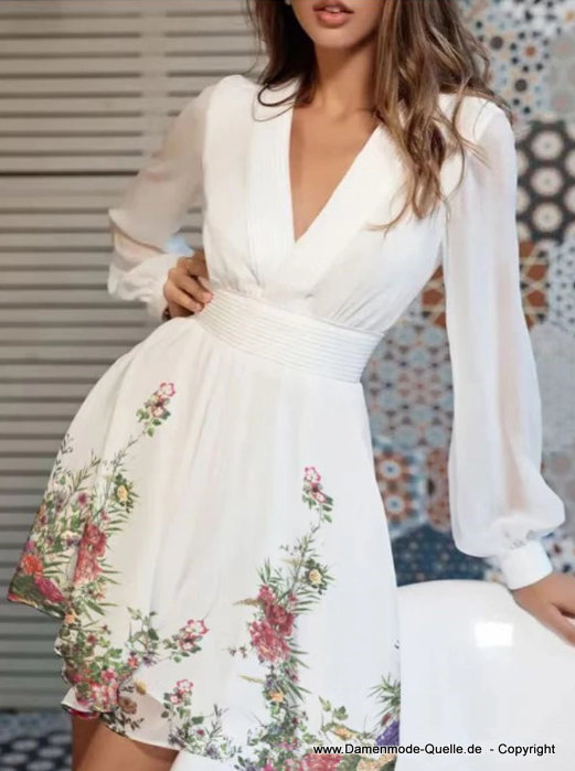A Linie Langarm Chiffon Sommerkleid Elegant mit Blumen in Weiß