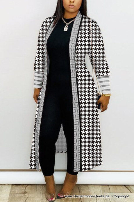 Damen Herbst Frühling Strickjacke Knöchellang mit Houndstooth Muster