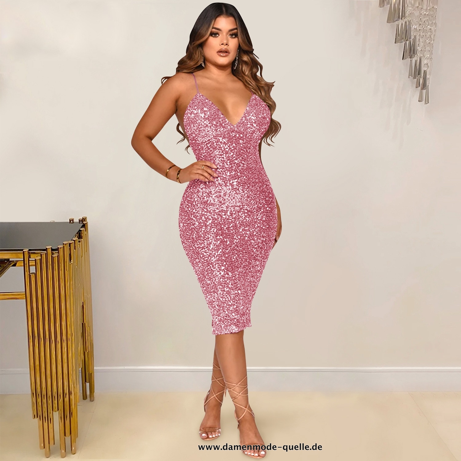 Damen Pailletten Spaghettiträger Bodycon Midi Kleid in Rosa