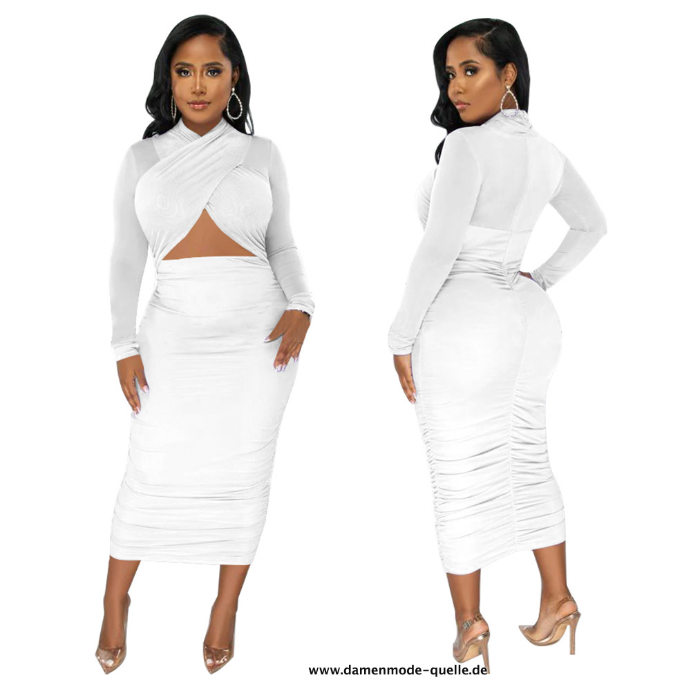 Langarm Bodycon Midi Kleid in Weiß