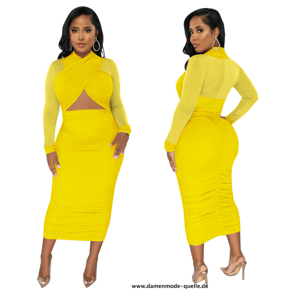 Langarm Bodycon Midi Kleid in Gelb