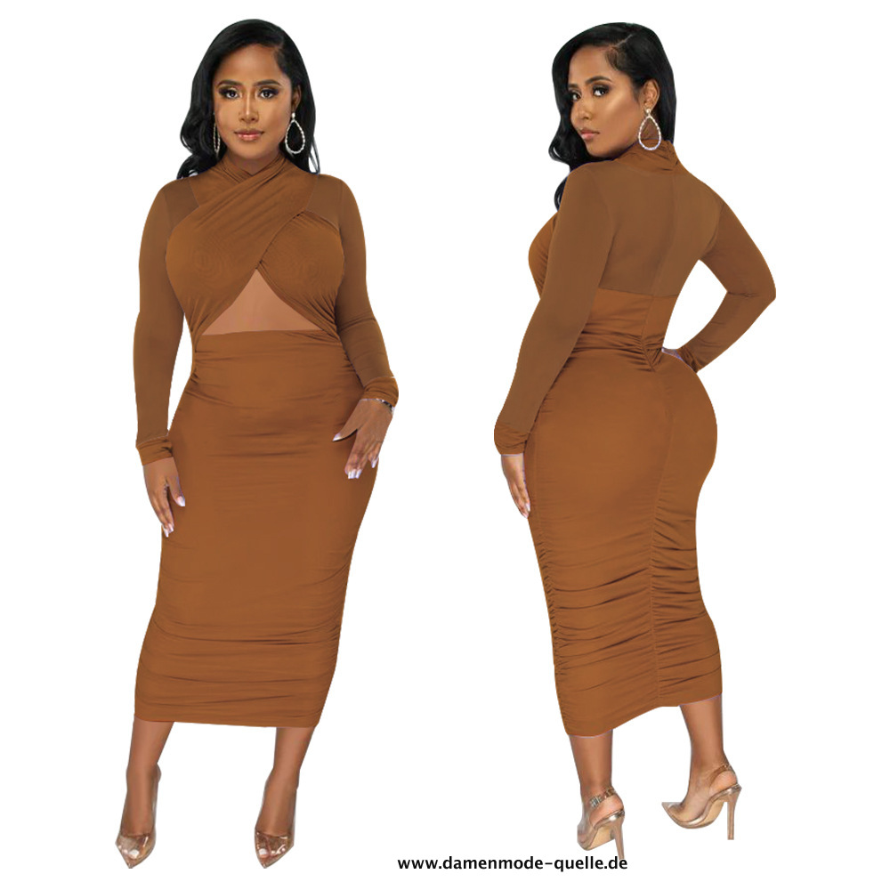 Langarm Bodycon Midi Kleid in Braun