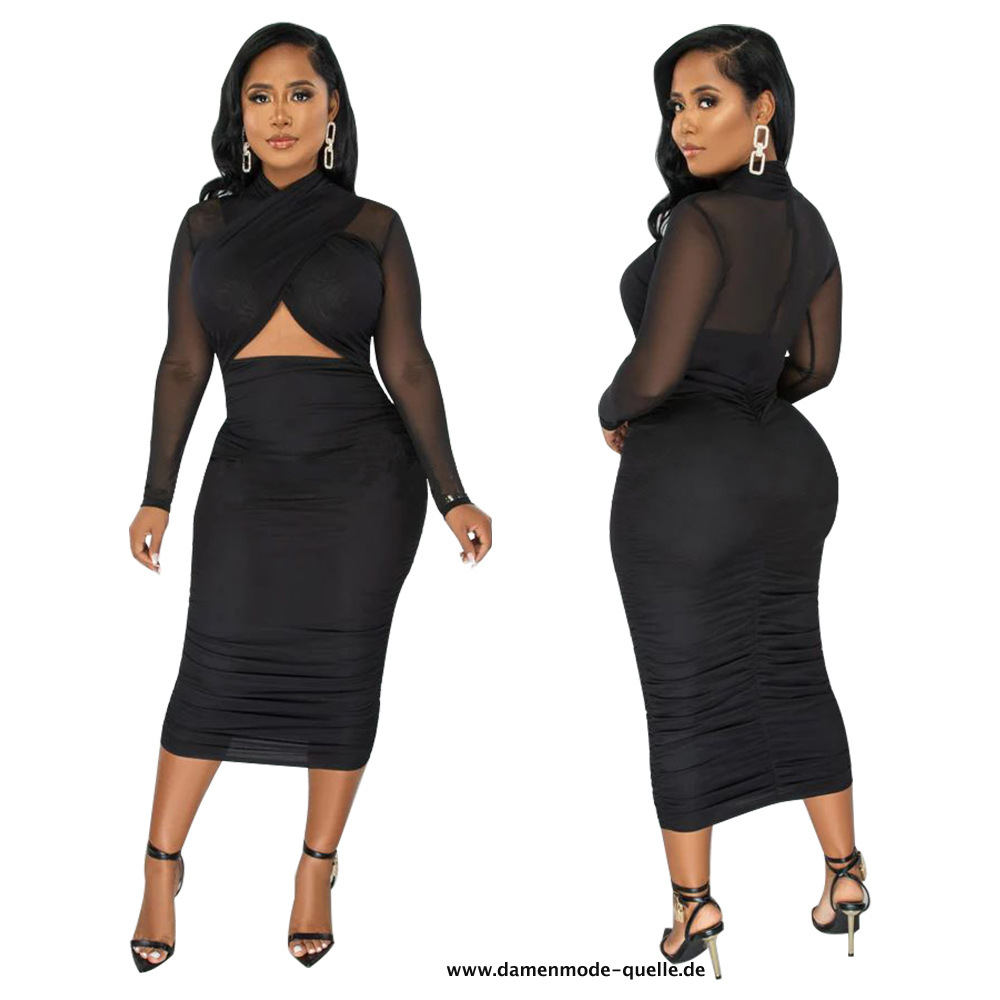 Langarm Bodycon Midi Kleid in Schwarz