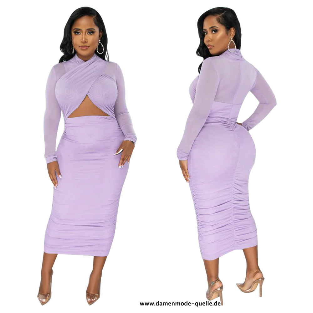 Langarm Bodycon Midi Kleid in Flieder