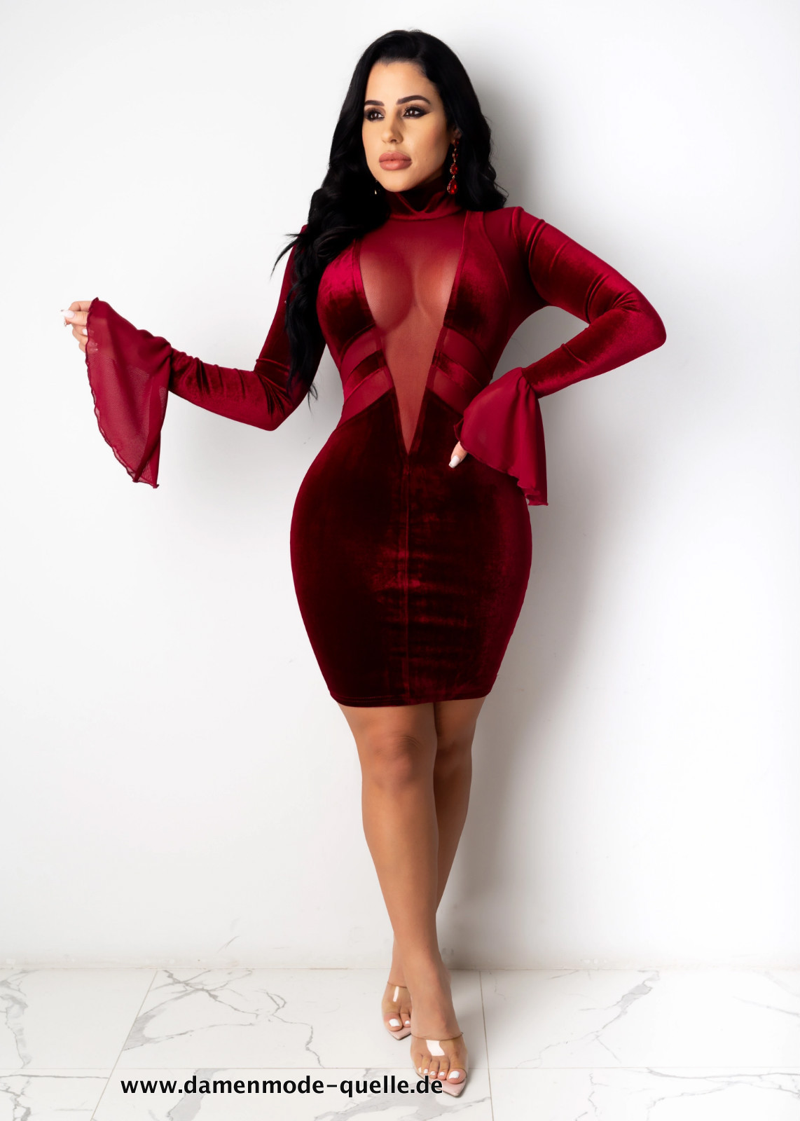 Langarm Samt Bodycon Midi Kleid Dunkelrot