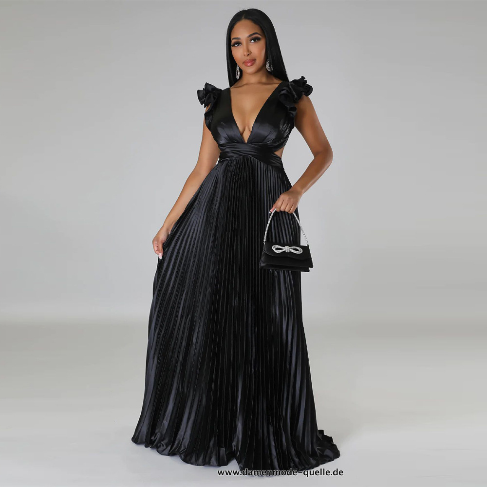 Rückenfreies V-Ausschnitt Plissee Kleid in Schwarz