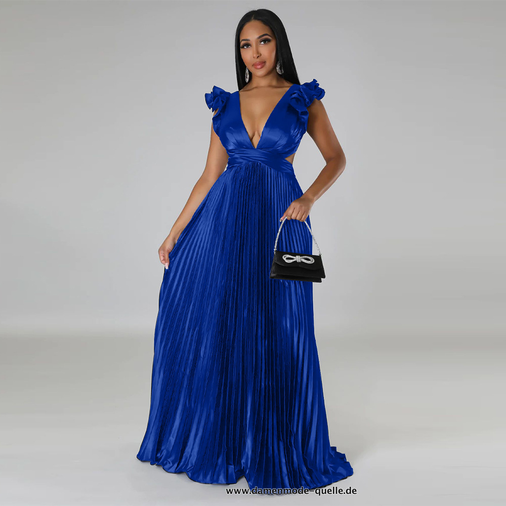 Rückenfreies V-Ausschnitt Plissee Kleid in Blau