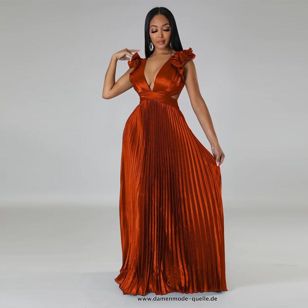 Rückenfreies V-Ausschnitt Plissee Kleid in Orange