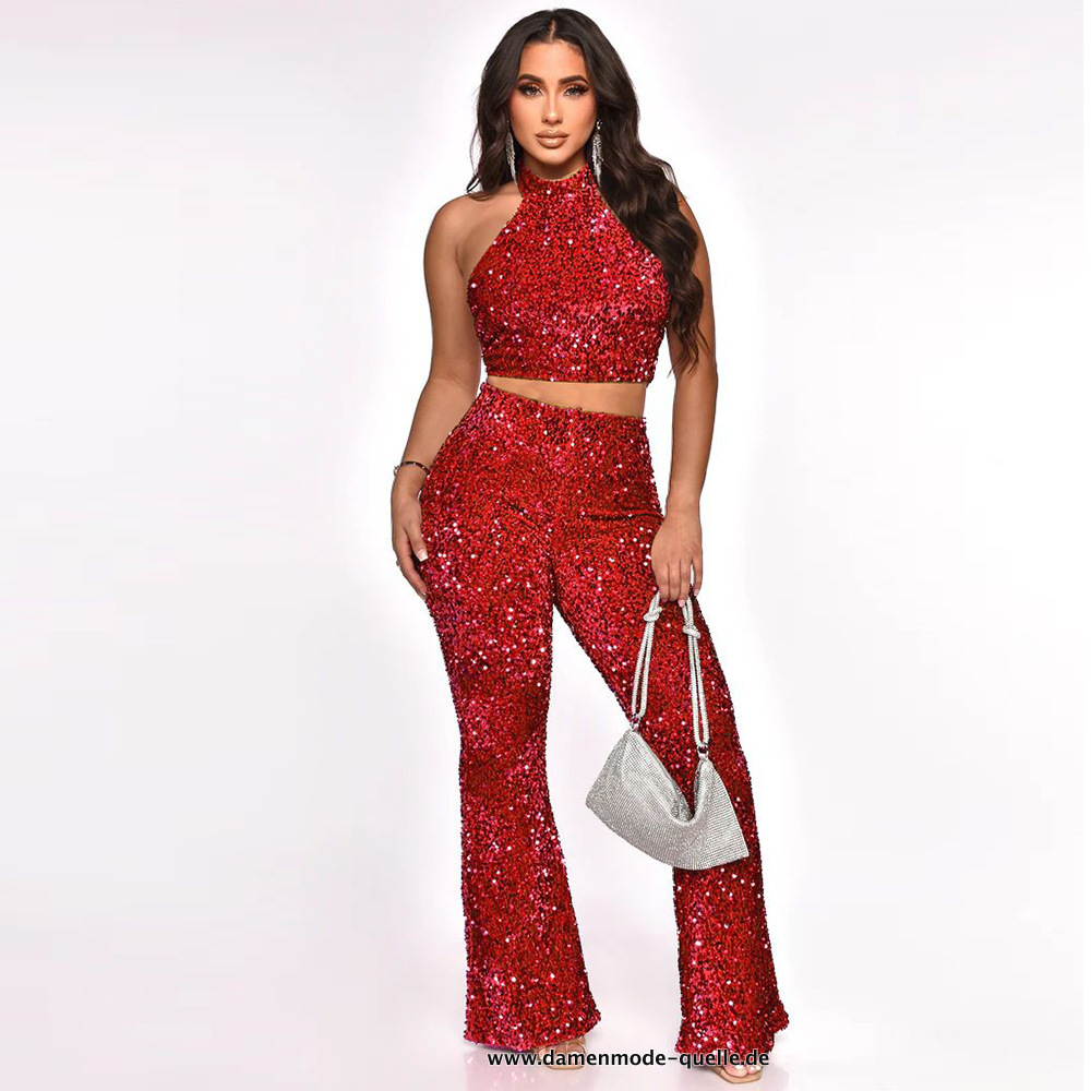 Rotes Pailletten Neckholder Crop Top und Hose im Set 