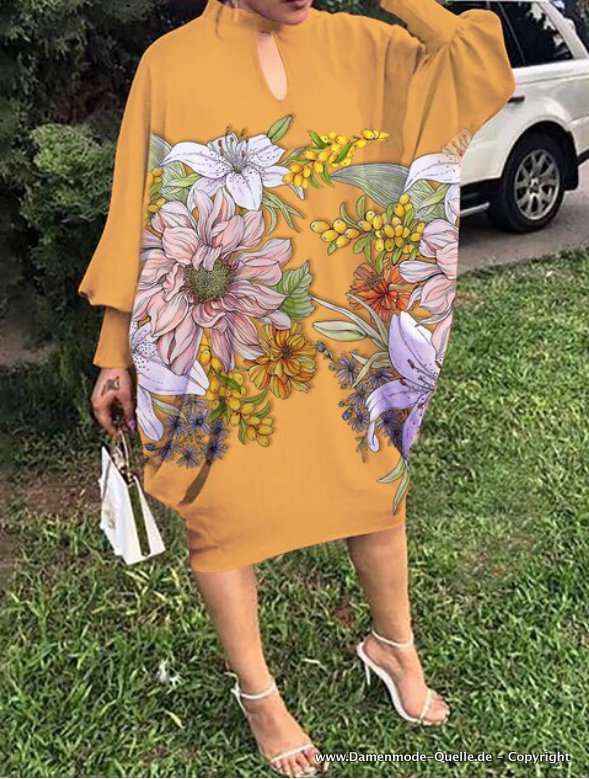 Oversize Sommerkleid mit Fledermaus Ärmel Wadenlang bis 4XL Gelb Mit Blumen