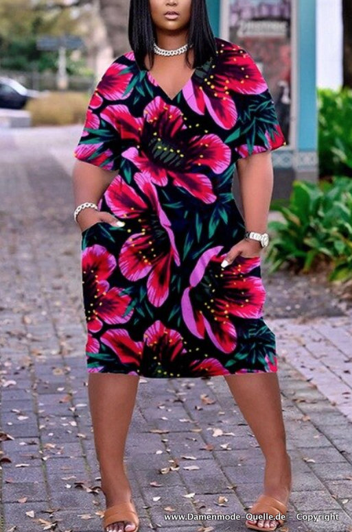 A Linie Plus Size Sommerkleid Schwarz mit Ärmel und Blumenmuster Wadenlang