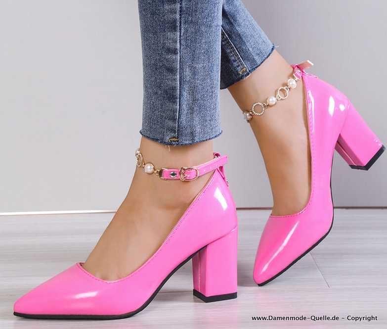 Chunky Pumps mit Luxus Strass Perlen Kette Pink