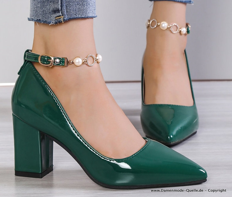 Chunky Pumps mit Luxus Strass Perlen Kette Dunkelgrün