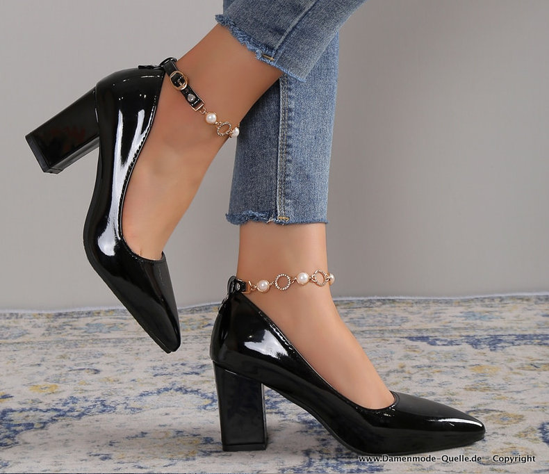 Chunky Pumps mit Luxus Strass Perlen Kette Schwarz