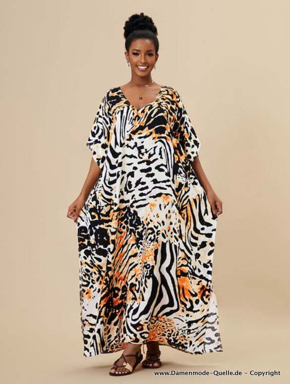 Maxi Sommer Strandkleid mit Fledermausärmel Tigermuster Weiß