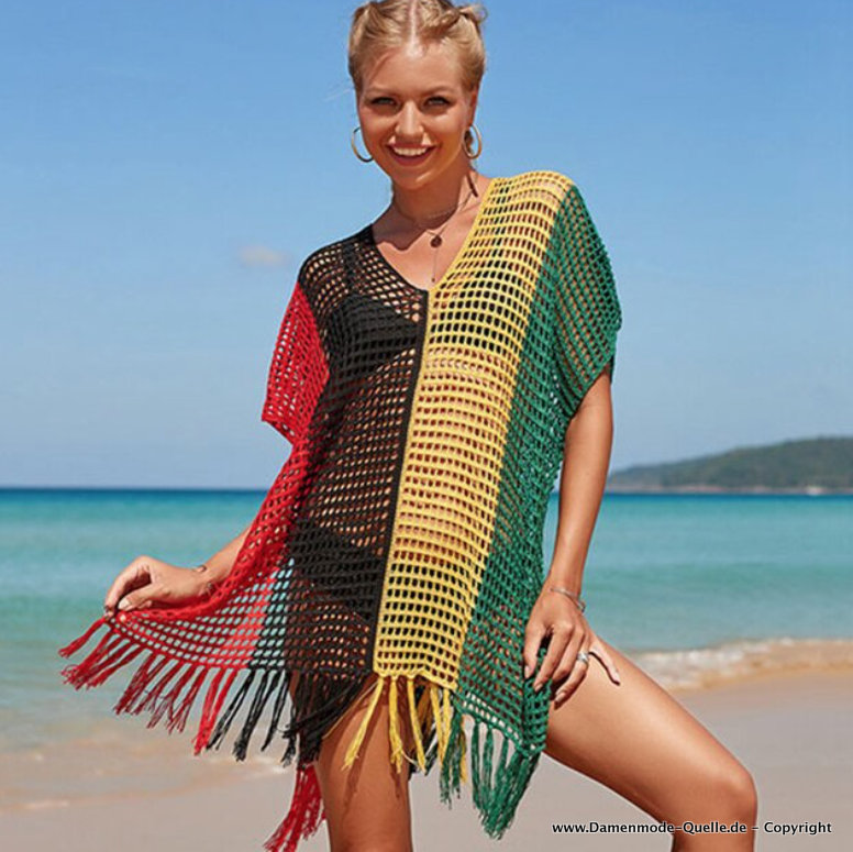 Boho Cover Up Sommer Tunika Strandkleid Gestrickt in Bunt Gestreift