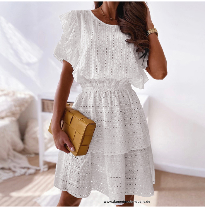 Kurzarm Rüschen A-linie Kleid in weiß