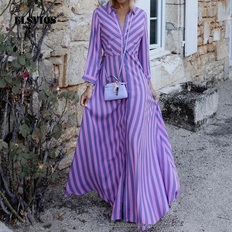 Maxikleid Frühling Sommer Langarm in Lila Gestreift