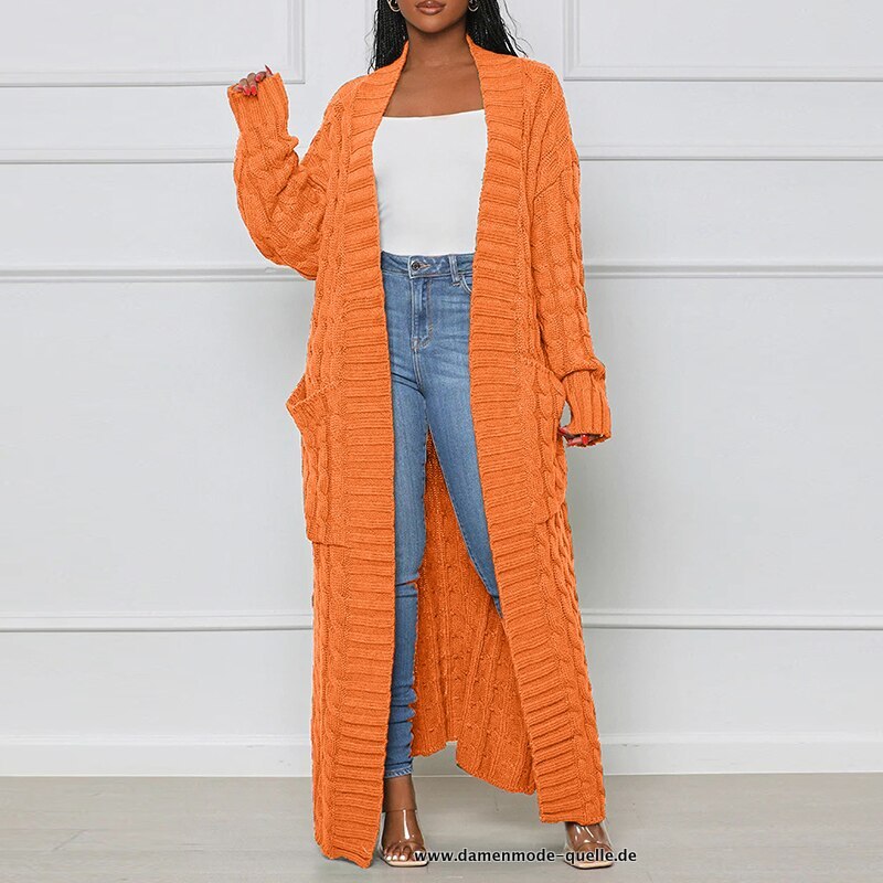 Gestrickter Cardigan mit Tasche Lang Orange