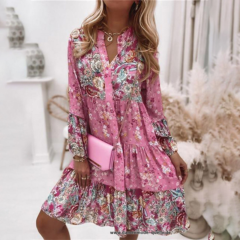 Mini Kleid 2023 Frühling Sommer Rüschen mit V Ausschnitt in Pink