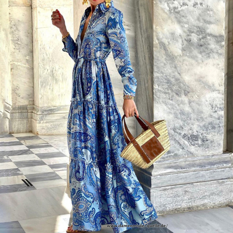 Elegantes Damen Langarm Blusenkleid 2023 in Blau