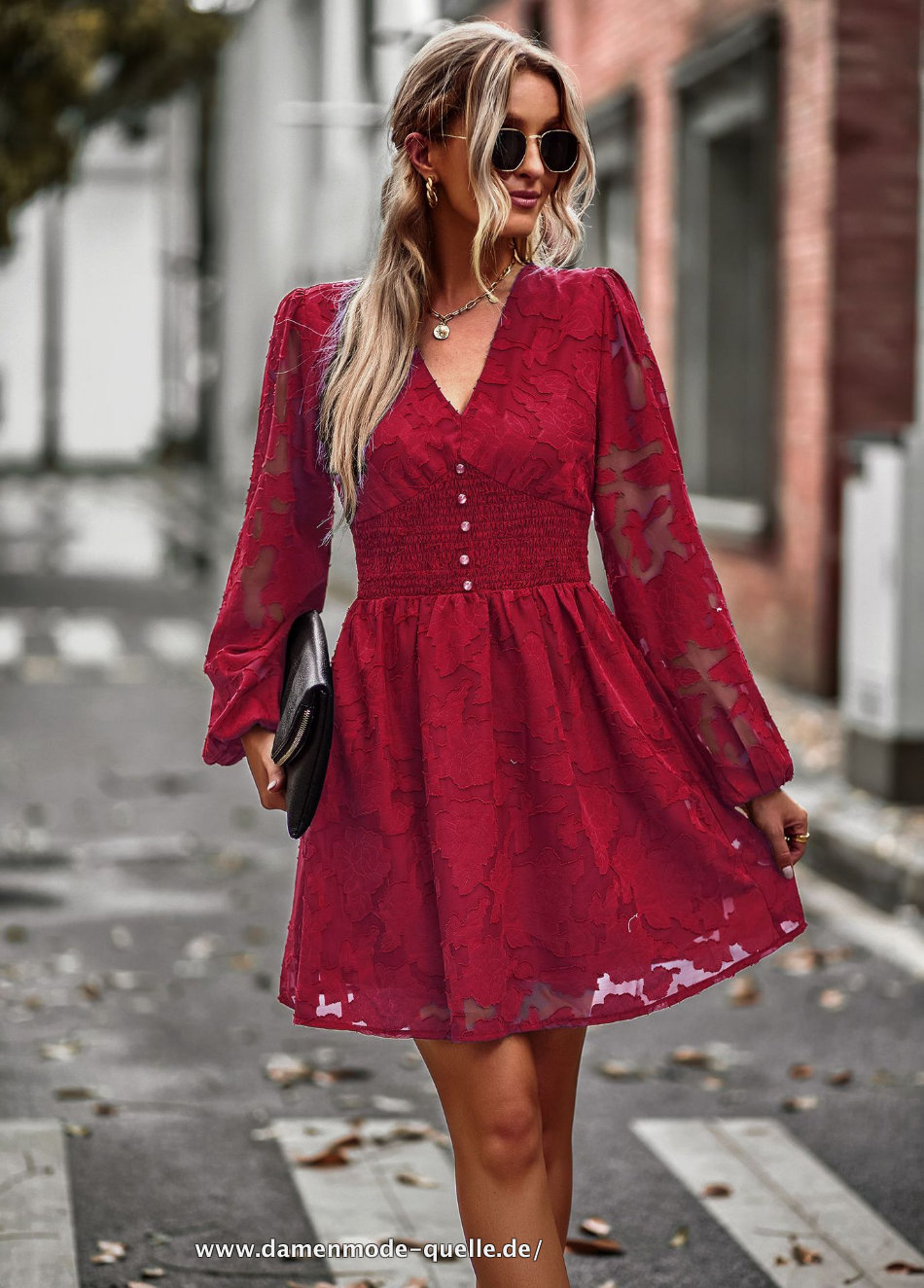 Sommer Damen Langarm V-Ausschnitt Bürokleid in Dunkelrot