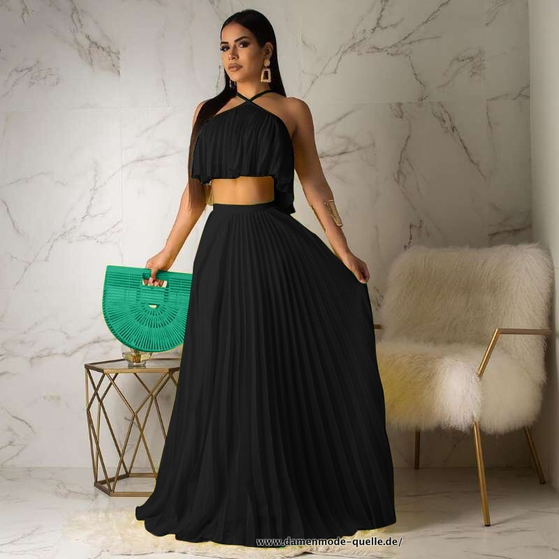 Damen Plissee Maxi Rock und Crop Top Sexy Strand 2 Stück Set Schwarz