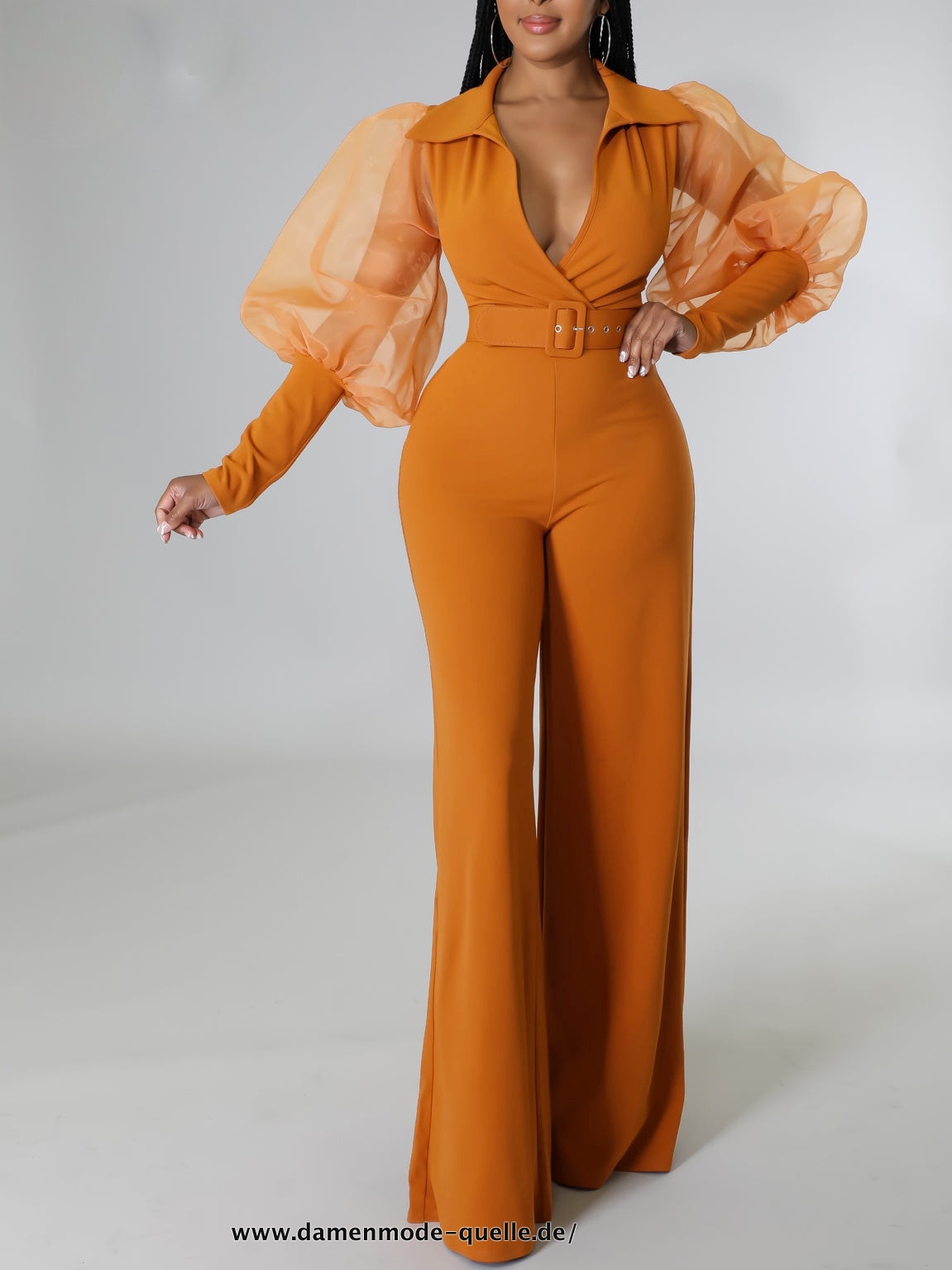 Damen Langarm mit Gürtel Jumpsuit Overall Orange