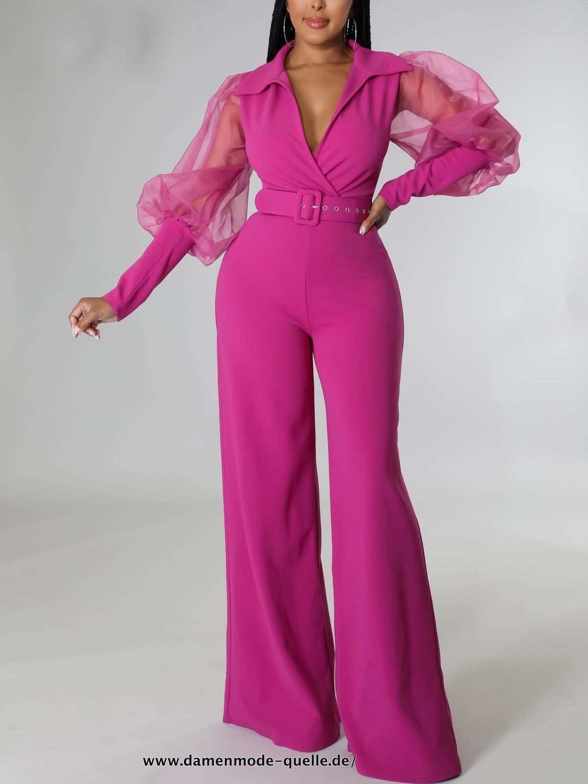 Damen Langarm mit Gürtel Jumpsuit Overall Pink