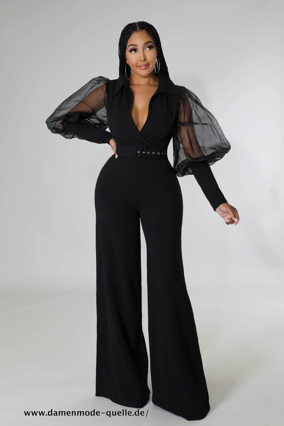 Damen Langarm mit Gürtel Jumpsuit Overall Schwarz