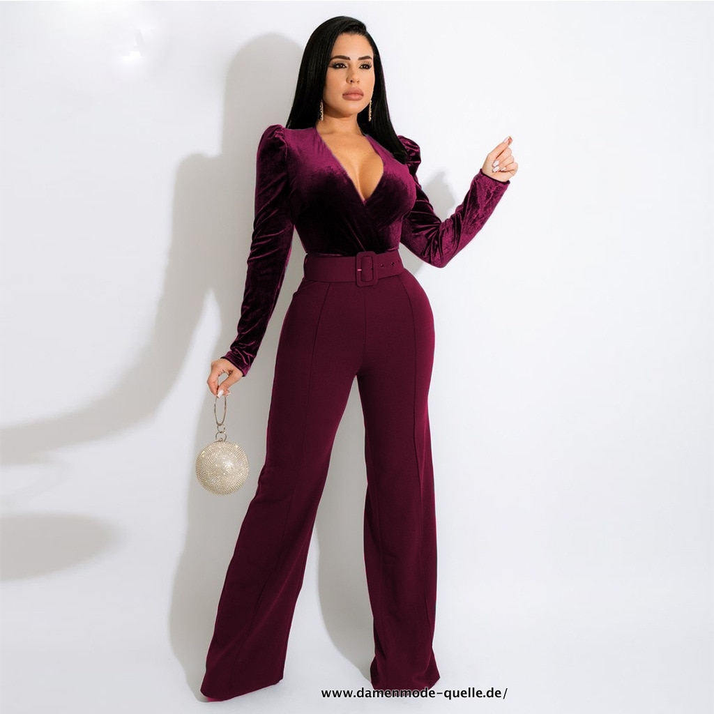 Damen Samt Jumpsuit mit Tiefem V-Ausschnitt in Dunkelrot