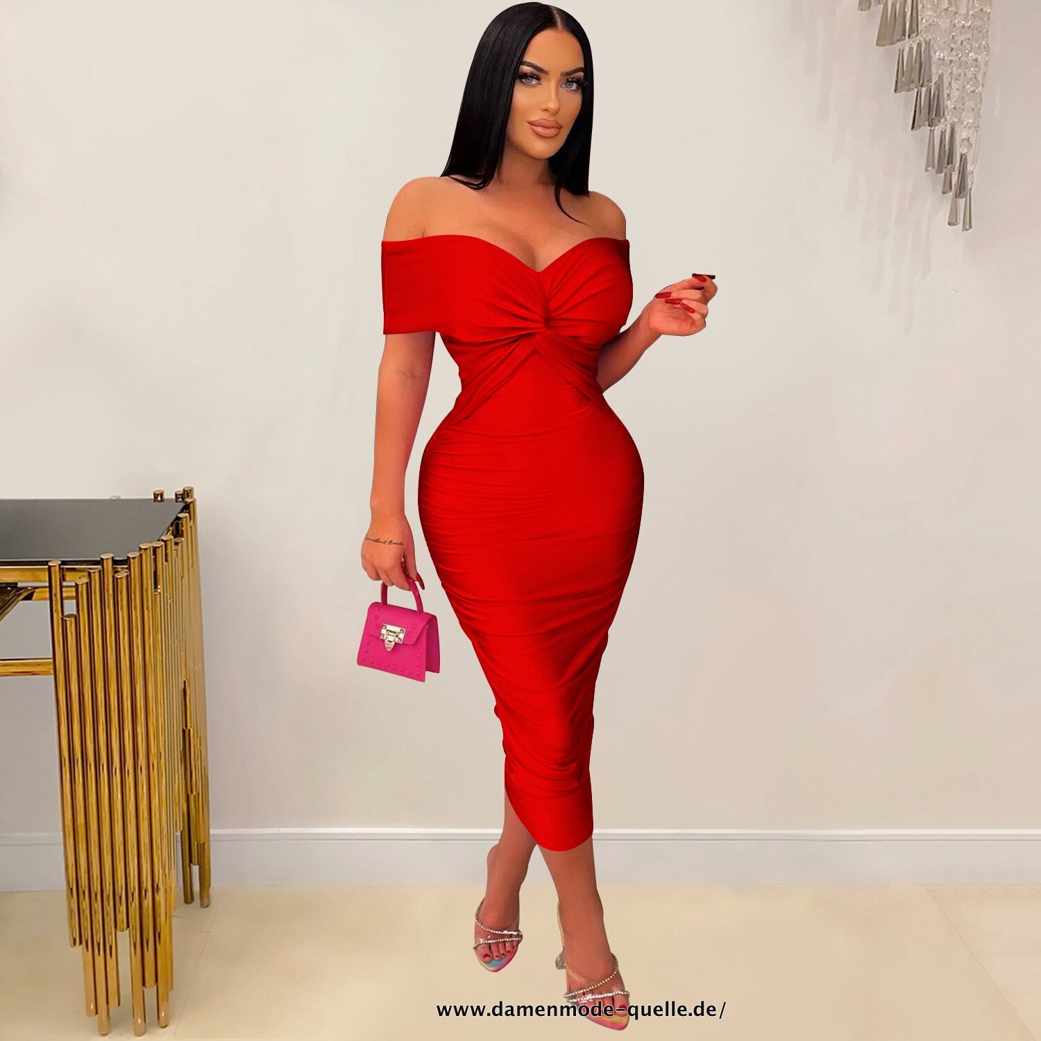 Schulterfreies Gerafftes Bodycon Midikleid in Rot