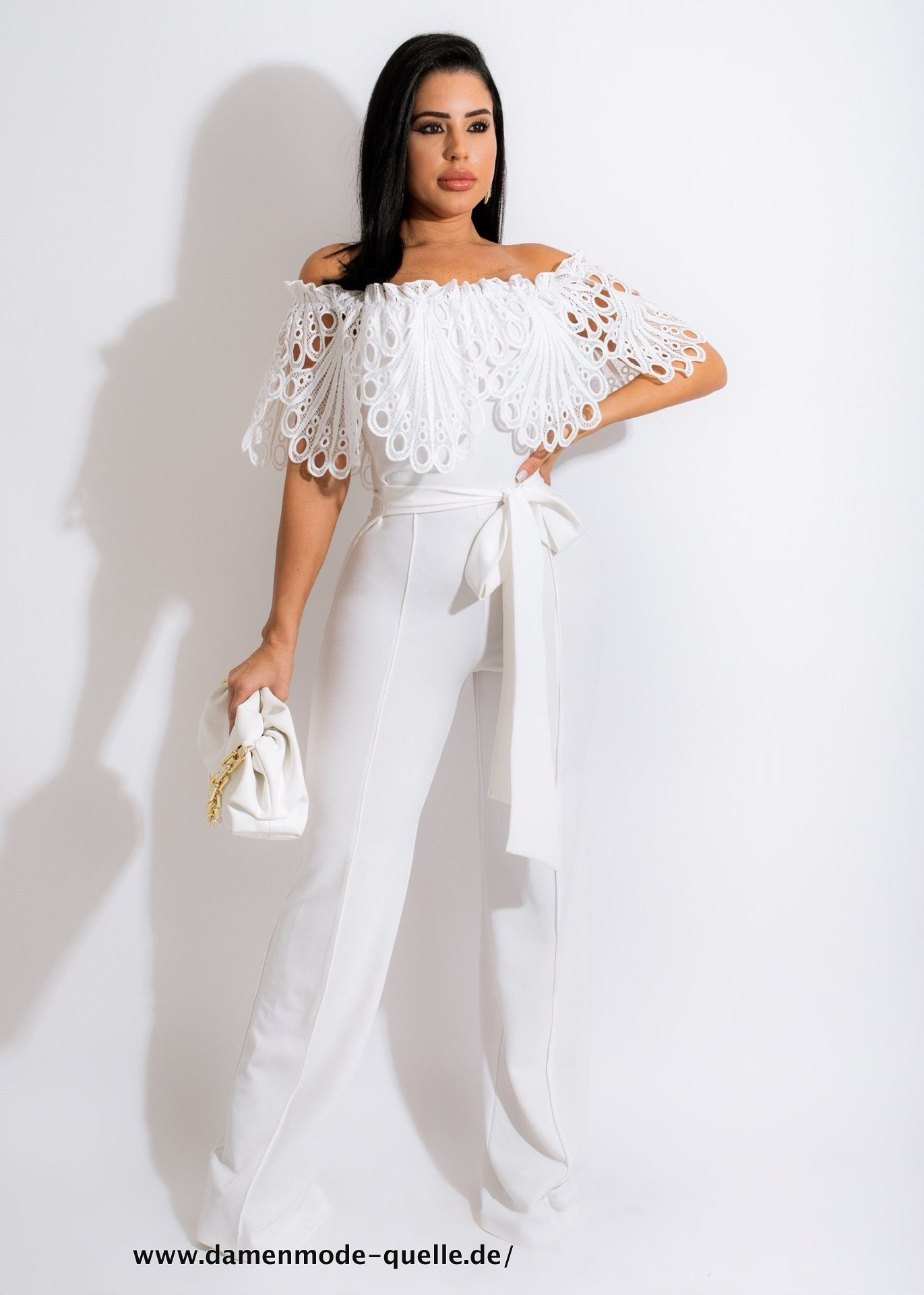 Vintage Damen V-Ausschnitt mit Gürtel Jumpsuit weiß