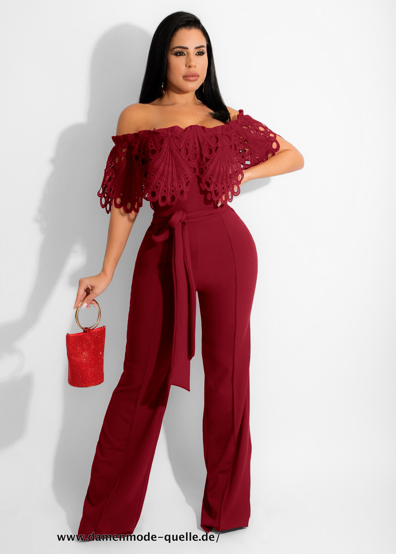 Vintage Damen V-Ausschnitt mit Gürtel Jumpsuit Dunkelrot