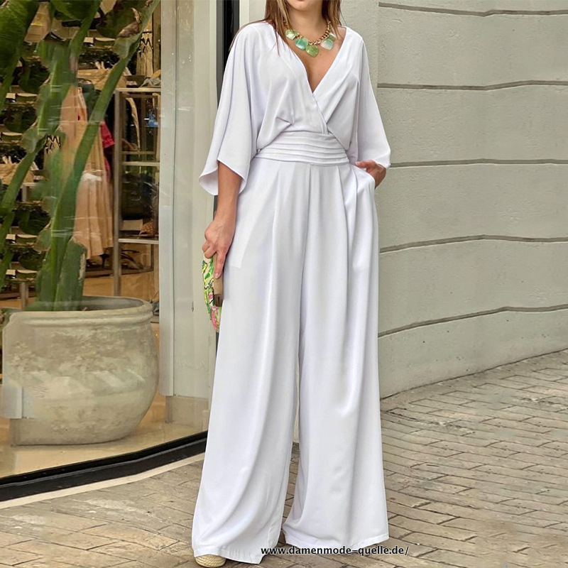 Damen V-Ausschnitt Jumpsuit mit Breitem Bein Weiß