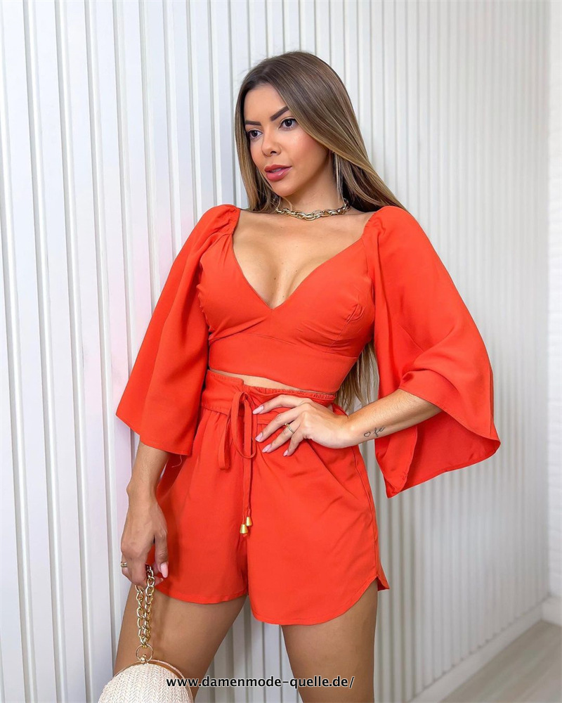 V-Ausschnitt Crop Top und Hose Freizeitanzug Vintage Set Orange
