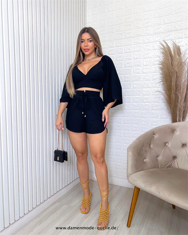 V-Ausschnitt Crop Top und Hose Freizeitanzug Vintage Set Schwarz