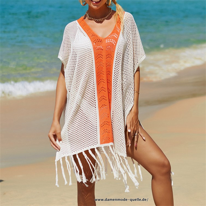 Damen Cover Up Sommerurlaub 2023 Strandkleid  weiß Orange